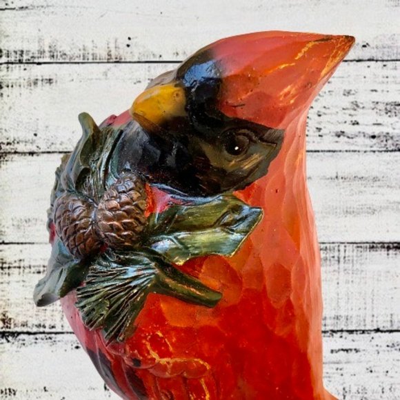 Red Cardinal Bird Figurine Wood Carved Look Resin Holly Pinecones Christmas - Picture 7 of 15